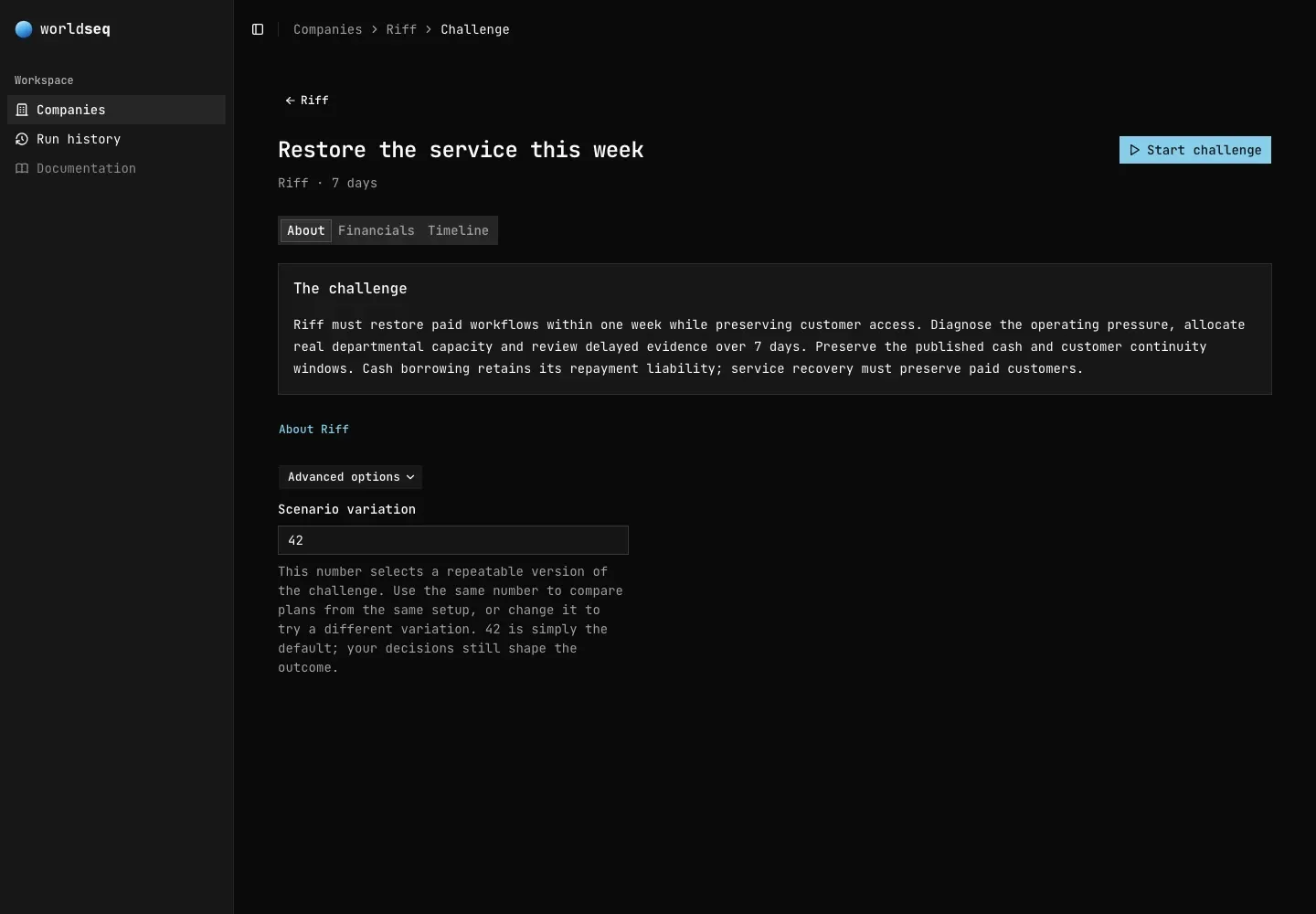 Riff's seven-day challenge, showing its objective, Start challenge button, and scenario variation setting.