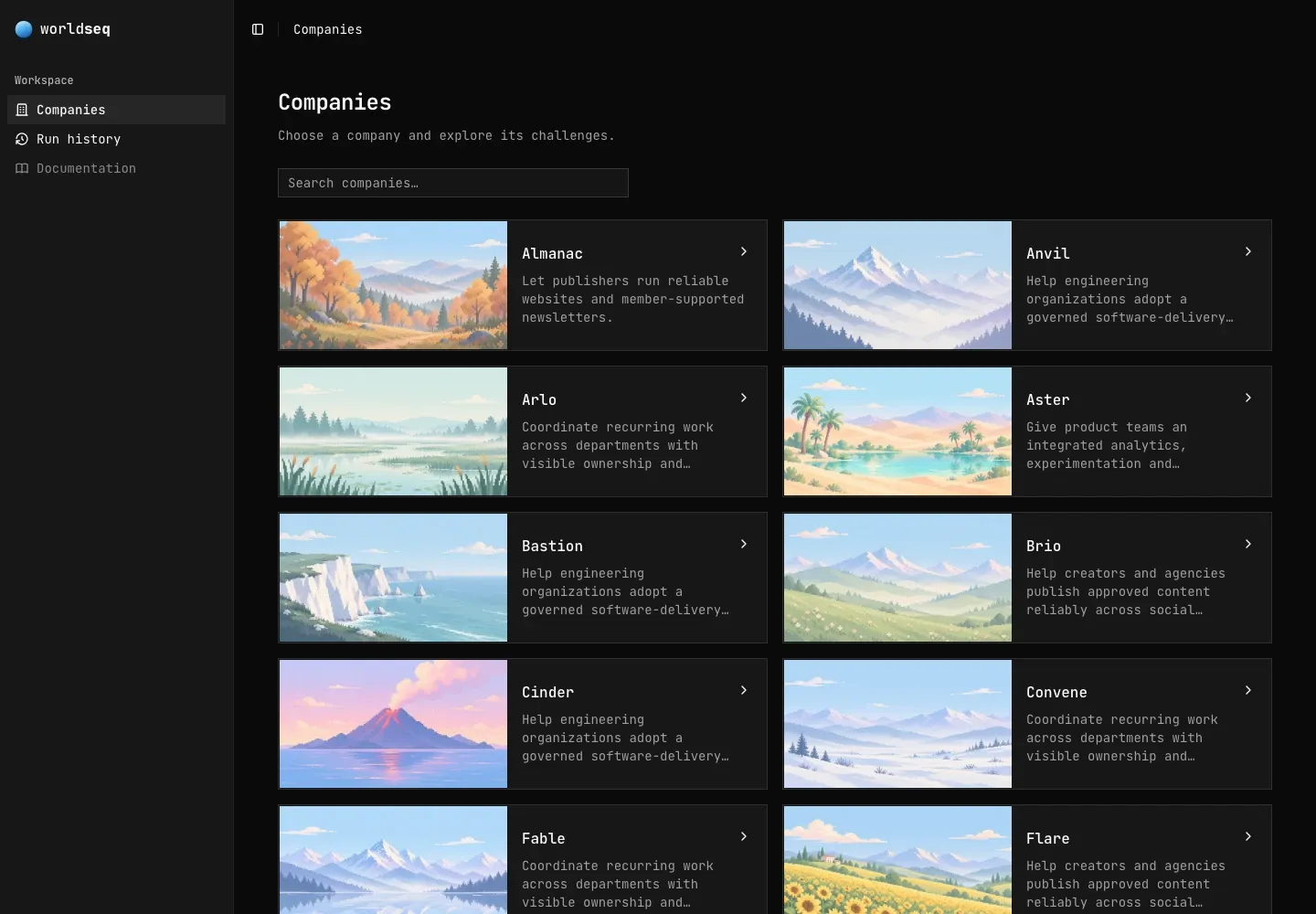 The Companies page, with a thumbnail and short business description for each company.