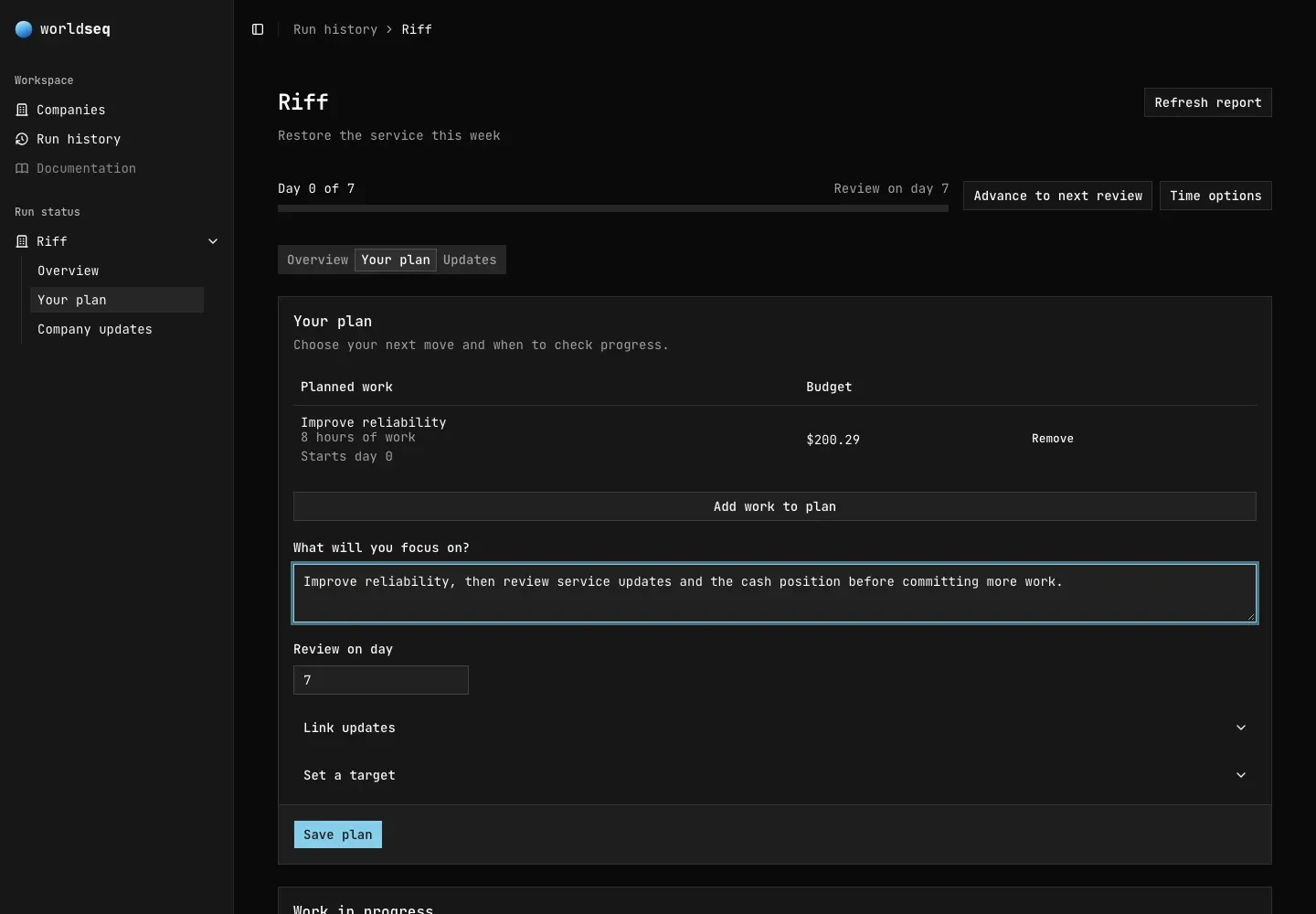 The plan editor with a reliability commitment and a short explanation of what to review next.